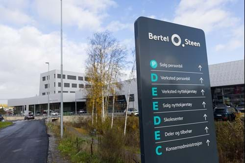 Et skilt som viser et stort felt av næringsbygg som tilhører kjeden Bertel O. Steen.